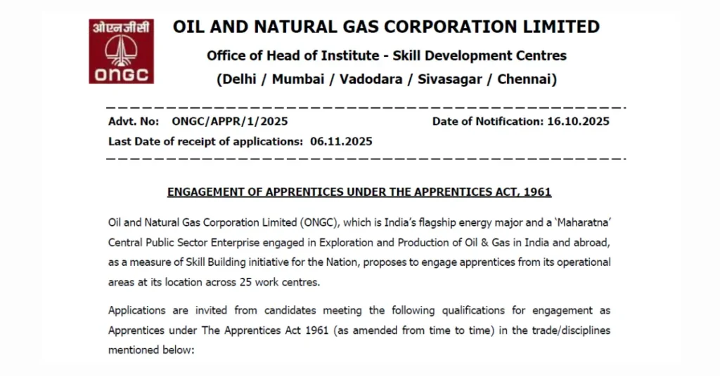 ONGC Apprenticeship 2025 Naukari Samachar